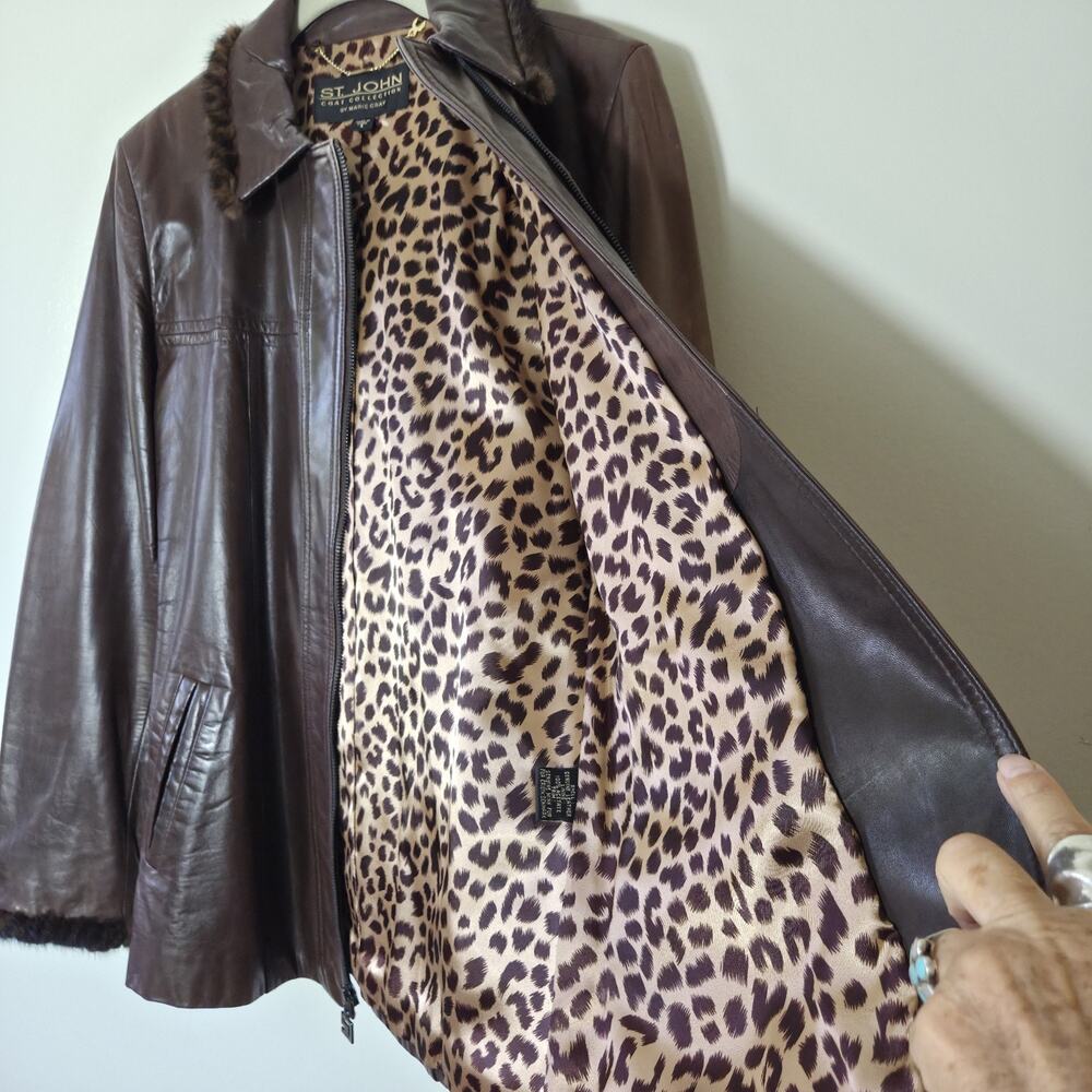 St Saint John Marie Gray Leather Mink Trimmed Jacket Full Zip Satin Lined Sz S - Picture 6 of 13